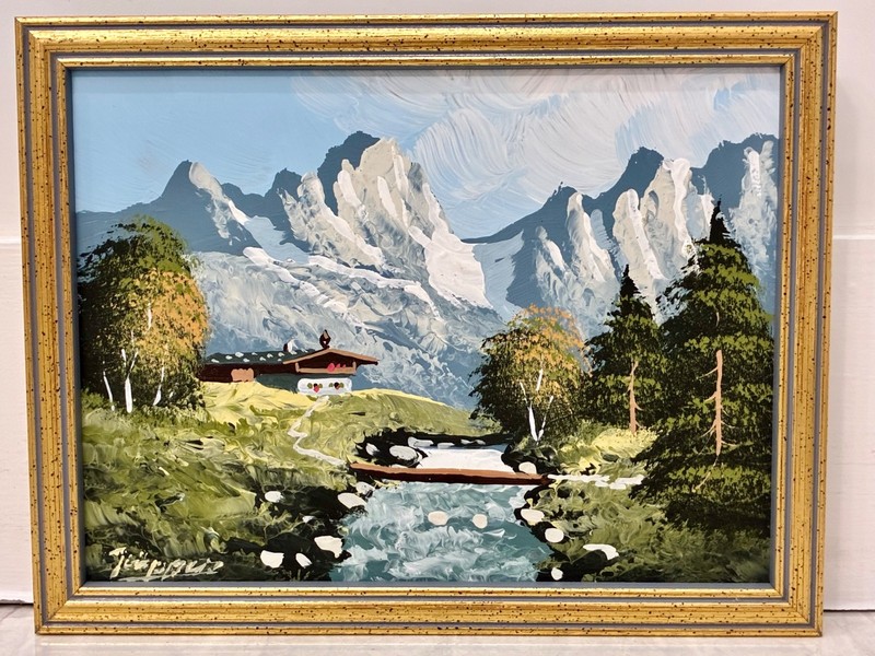 20th Century Signed Original German Alpine Landscape Painting With Custom Frame