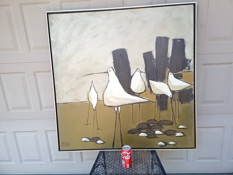 Vintage 60s 70s Sandpiper bird painting signed McCaine large 37x37" pop art gallery