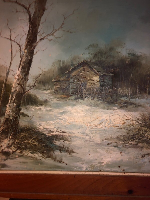 42 1/2 x 30 1/2 landscape painting, an oriole cabin in the woods at winter’s tiF