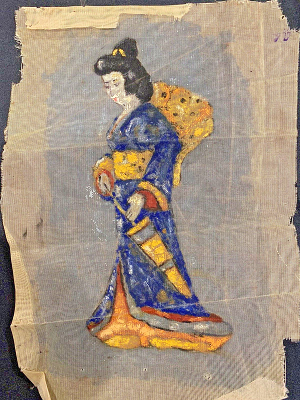 Vintage Painting Japanese Geisha Girl On Silk. Artist Unknown