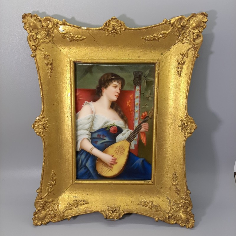 Antique German Porcelain Plaque Lady Lute After Conrad Kiesel Ornate Gilt Frame