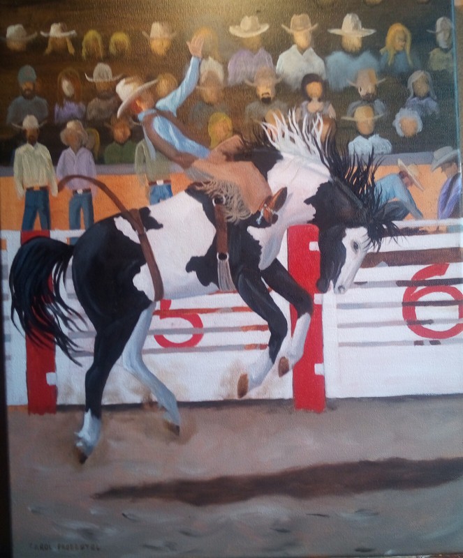 original oil painting horse cowboy bare back bucking rodeo Carol Proebstel