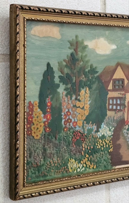 Rare 1930s FRONT OF GLASS PAINTING Cottage Country Garden Hollyhocks COTTAGECORE gallery