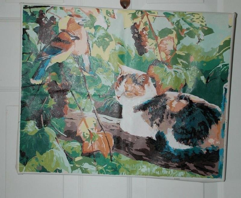Cat and Bird Completed Paint by Number 16X20 Canvas