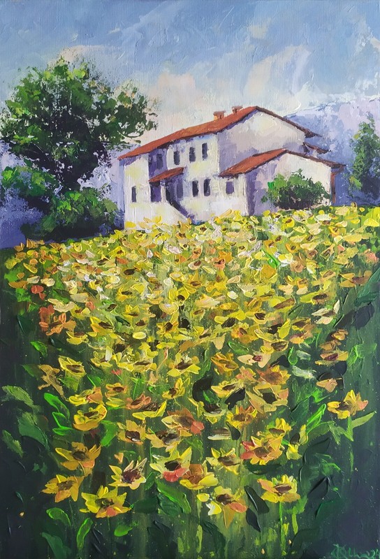 acrylic painting on canvas original handmade art with landscape with sunflowers