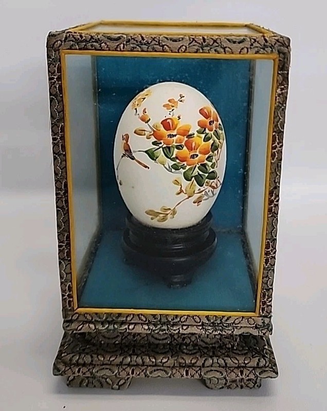 Vintage Chinese Hand Painted Painted Egg With Flowers And Bird Encased & Signed