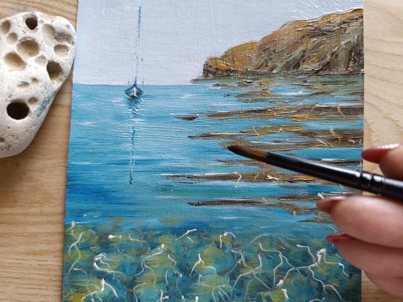 TEXTURED IMPASTO BOAT STONES MOUNTAINS Original Arts OIL Painting Seascape Gifts gallery