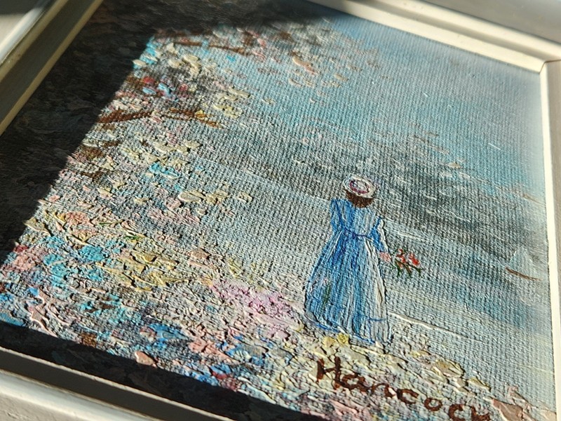 Vintage Painting of A Lady in Blue by the Lake Sailboat Flowers Signed Hancock