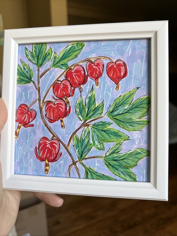 Bleeding Hearts Flowers,original,miniature Painting,small,mini, Framed