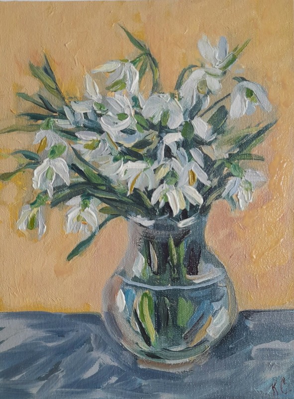 snowdrops flowers oil painting, original oil paintings, spring flowers wall art