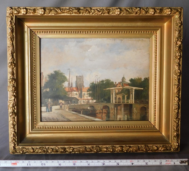 Petrus Gerardus Vertin Oil Panel Dutch Canal Vreeswijk Bridge Gilt Frame signed