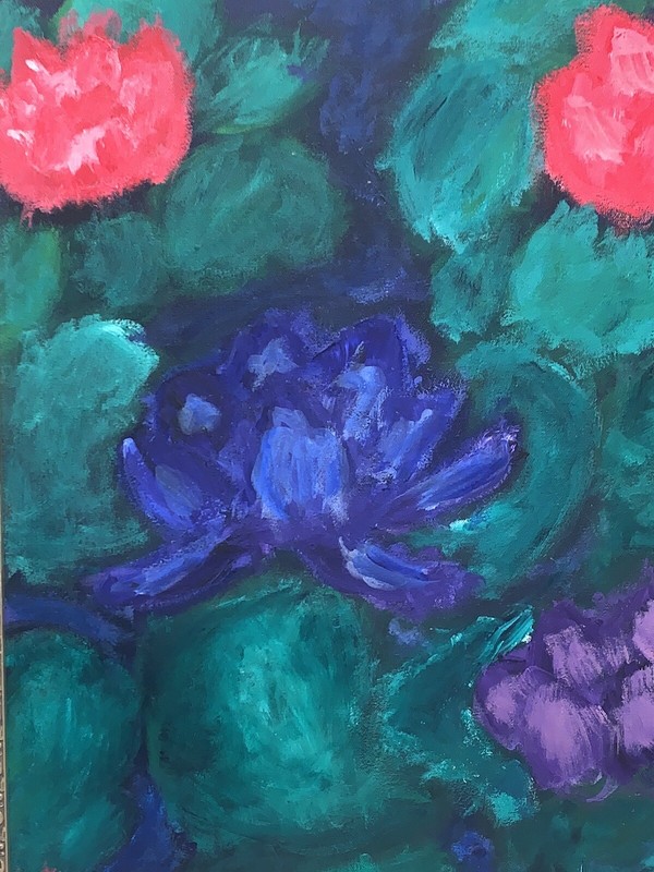 Contemporary Water Lily Flowers Canvas Modern 21.75”x27.75” Pink Purple Framed gallery