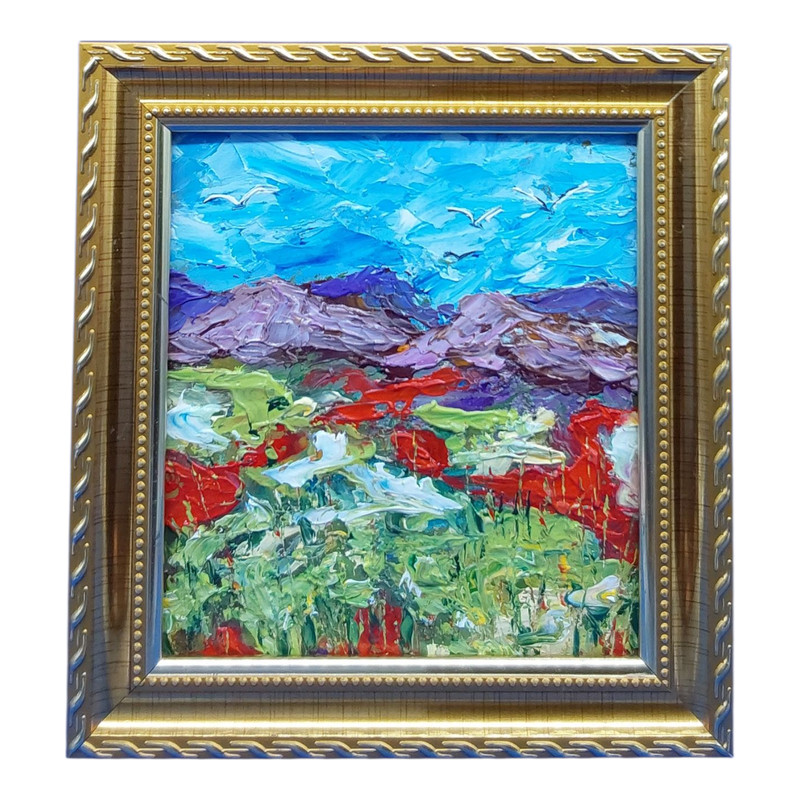 California Poppy Original Oil Painting Gold Framed Handmade Wall Art 4.8×4.3 in