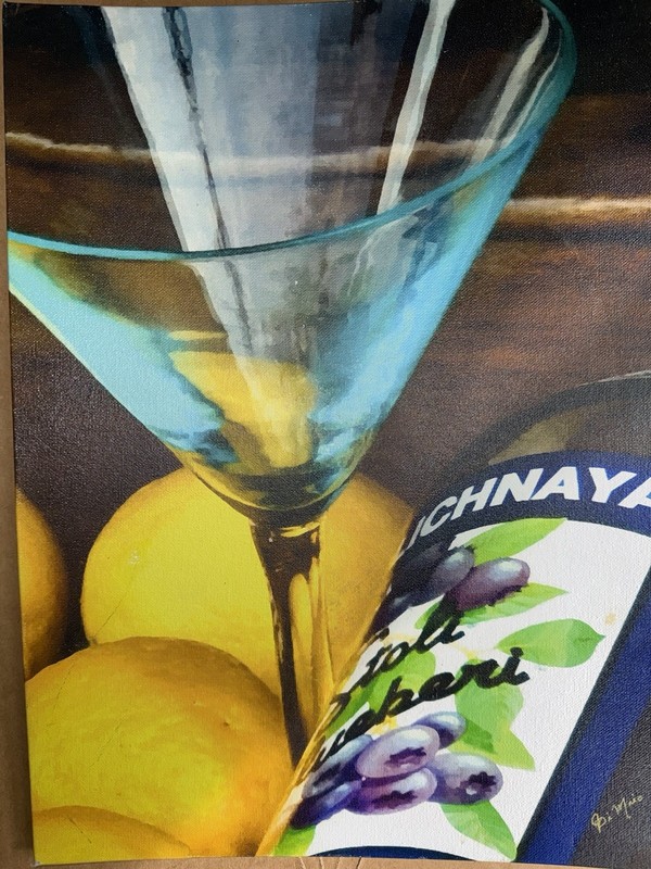 Realistic still life blue martini glass bottle Stoli Blueberi Vodka Signed 16”