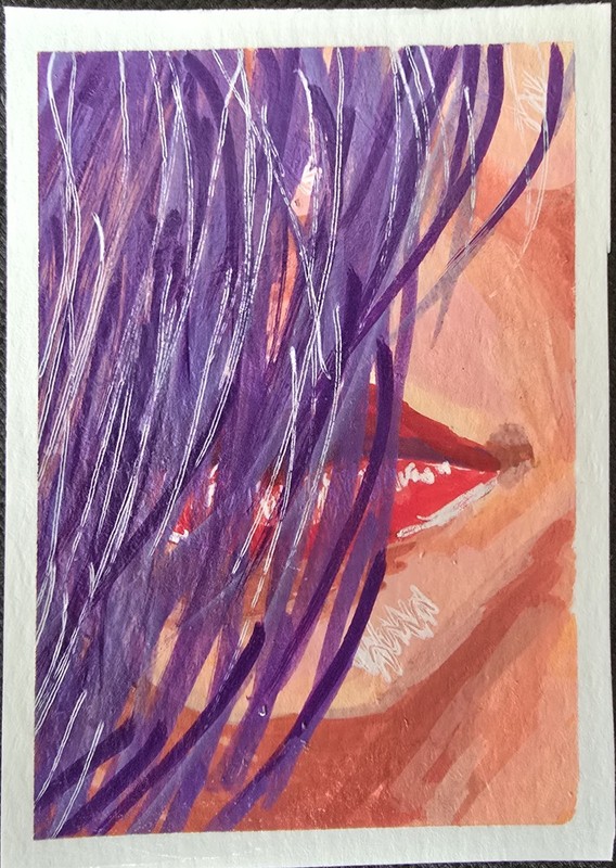 ACEO ATC OOAK Original Portrait Violet Veil Acrylic On Paper By Stacey Ann