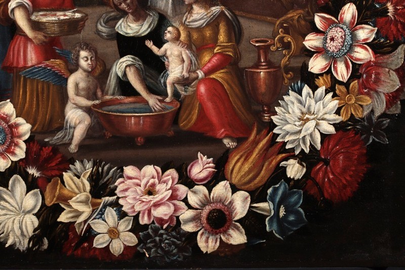 17th CENTURY LARGE DUTCH OLD MASTER OIL CANVAS , Flowers, FIRST BATH OF CHRIST gallery