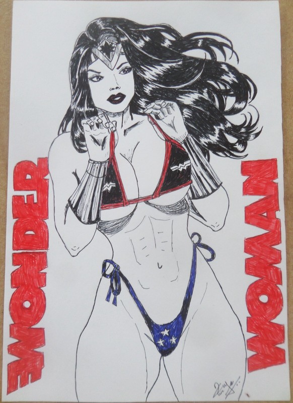 Original hand drawn WONDER WOMAN COMIC ART cover 9.5 x 6.5 Artist Signed A093