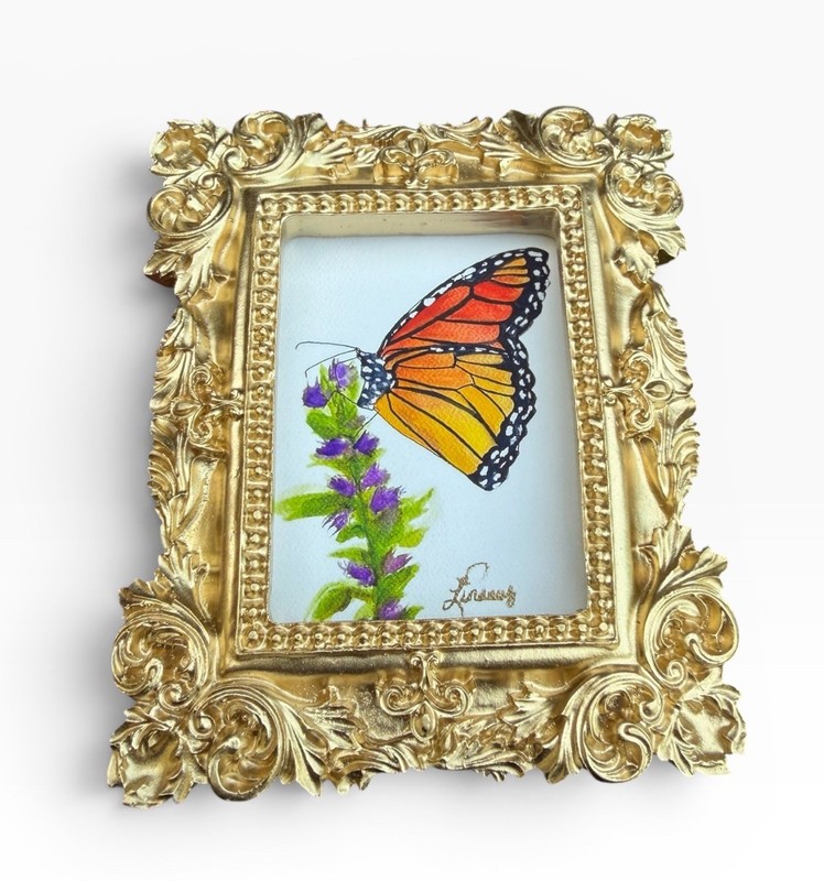 Monarch Butterfly and Lavender mini print in gold vintage style ornate frame gallery