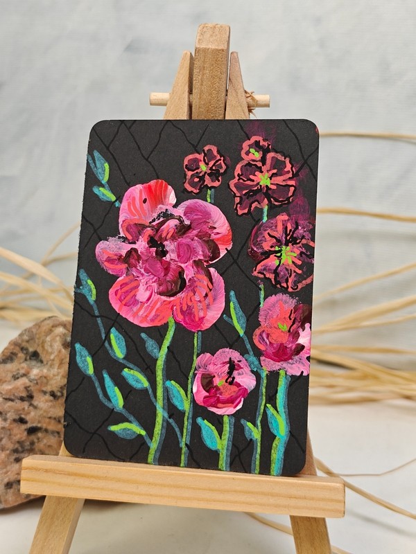 Aceo original painting miniart 2.5×3.5 flowers in black2 Liina Tynkkynen Finland