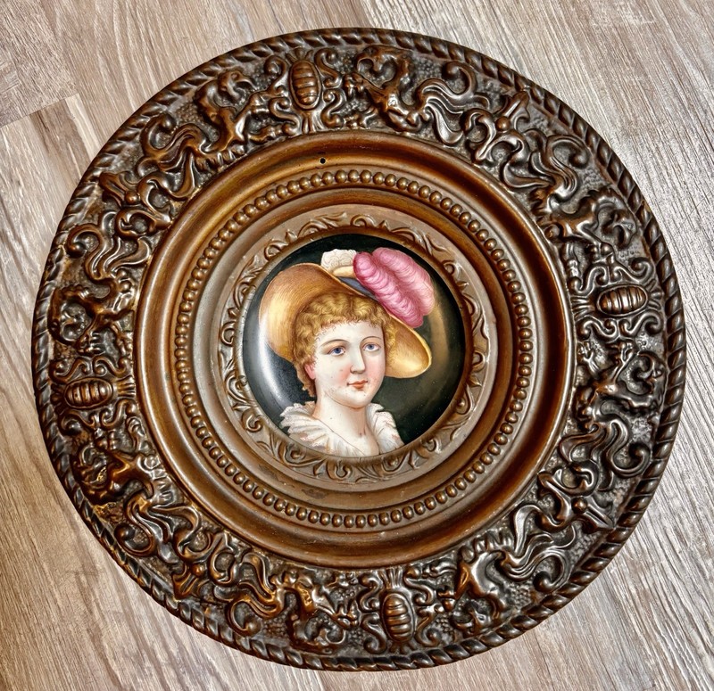 Painting on Porcelain Woman Portrait Brass Frame 19th Century Antique