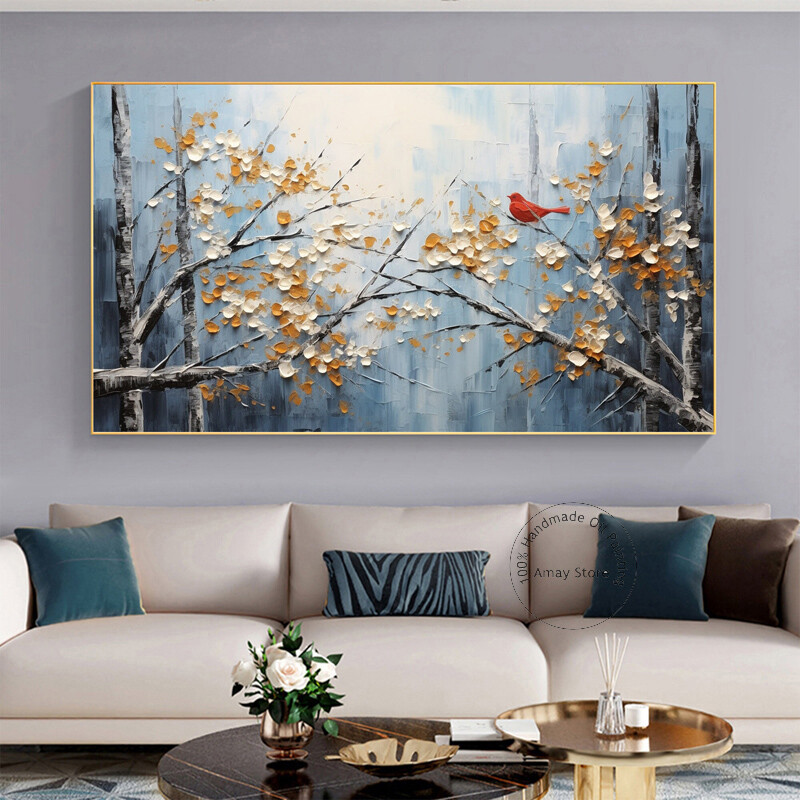Handpainted Tree Flowers Bird Oil Painting on Canvas Large Wall Art For Decor gallery