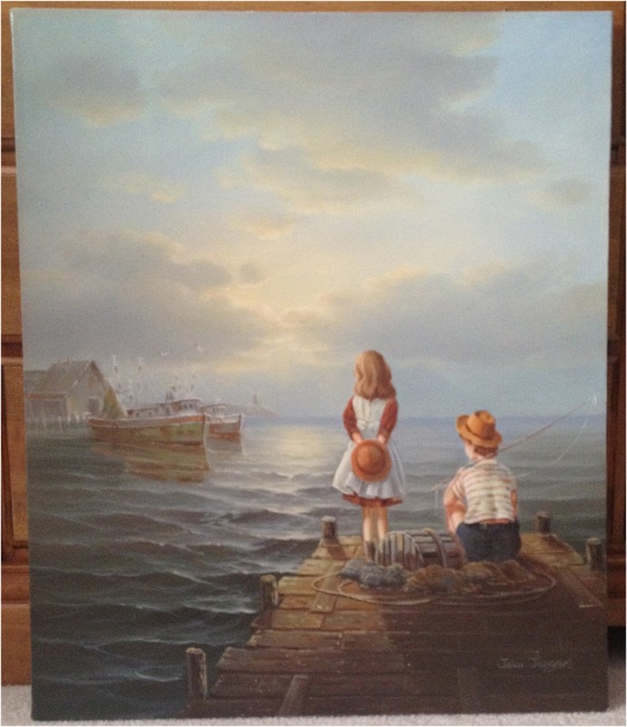 John Jurgens Seascape Children Fishing Painted Art Print 1985