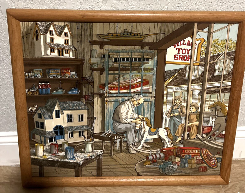 VTG H. Hargrove THE TOY MAKER FRAMED OIL SERIGRAPH PAINTING HAS A DEFECT 552/750