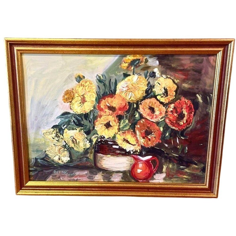 Coquette Vibrant VTG Signed Floral Still Life Oil Painting Gold Frame Original