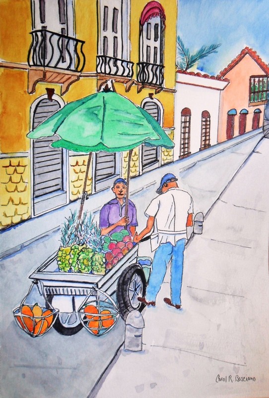 Original Art Cityscape Watercolor Painting FRUIT VENDOR CARTAGENA Basciano 10×7