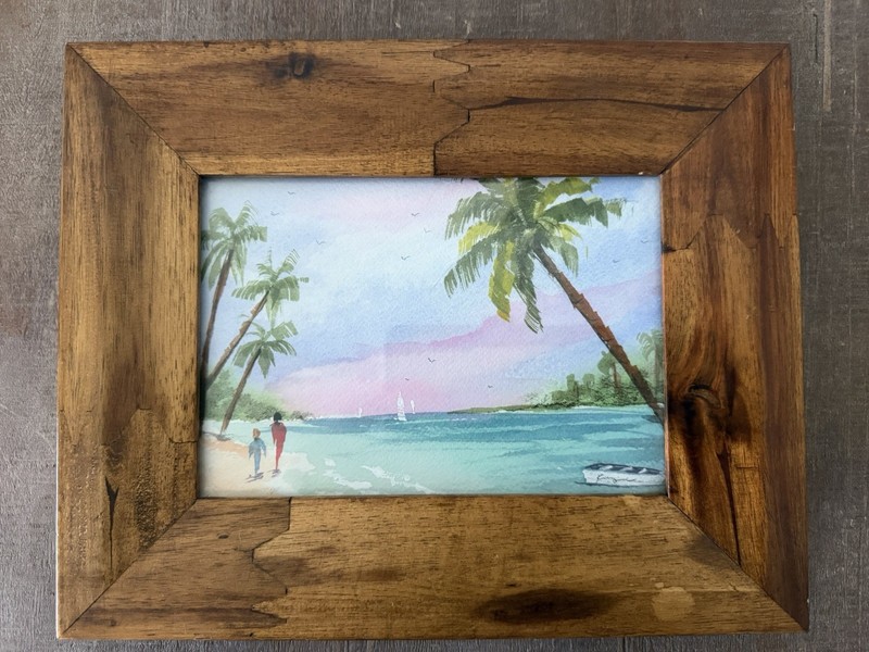 Original Signed Framed Watercolor Painting Beach Mother & Child Boat 10x8 OOAK gallery