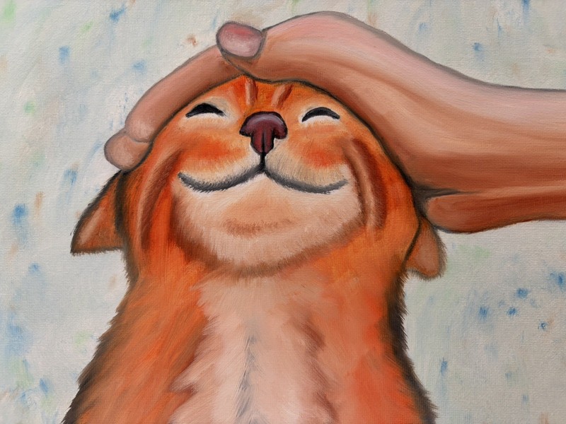 Original oil painting 11 x 14 inch happy colorful orange tabby cat being petted gallery