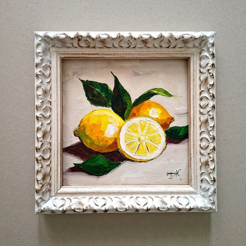 Lemons Impasto Oil Painting Original 3D Art Kitchen Decor Unframed 6×6