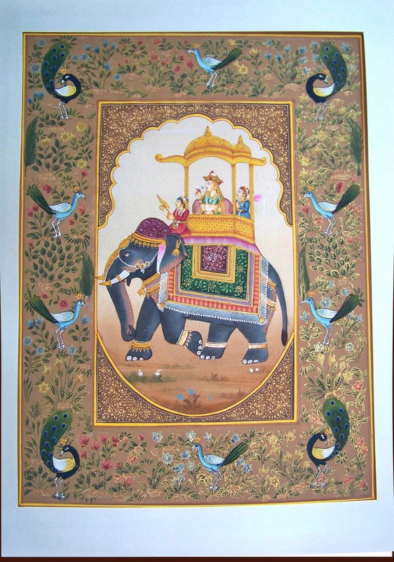 MOGHUL QUEEN PROCESSION SCENE ON ELEPHANT MINIATURE PAINTING FROM INDIA!