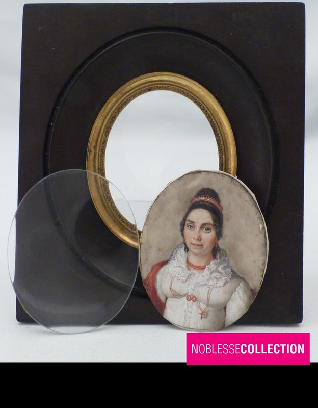 ANTIQUE early 1800s FRENCH SCHOOL GOUACHE HAND PAINTED MINIATURE WOMAN PORTRAIT gallery