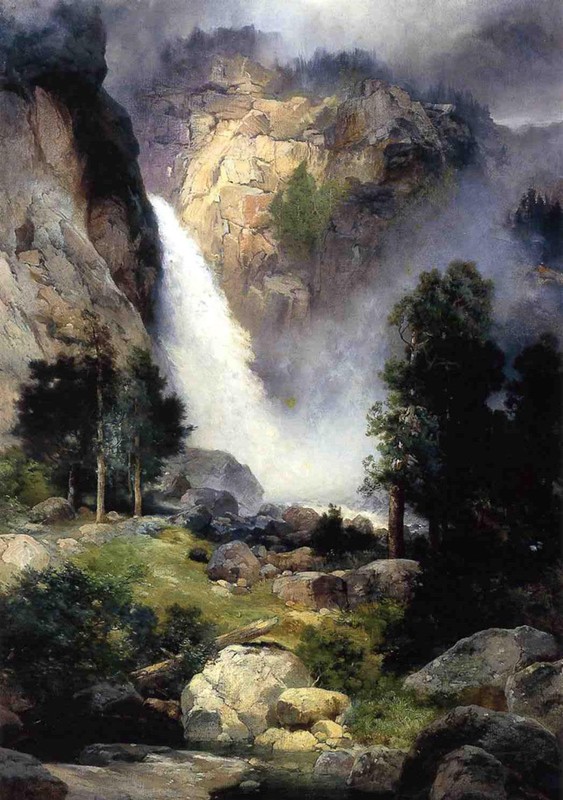 Oil Thomas Moran – Cascade FAlls, Yosemite beautiful landscape waterfall canvas