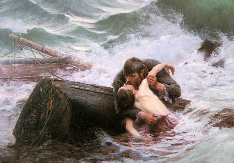 Oil painting J. W. Waterhouse – adieu Farewell Lovers in ocean shipwreck & waves