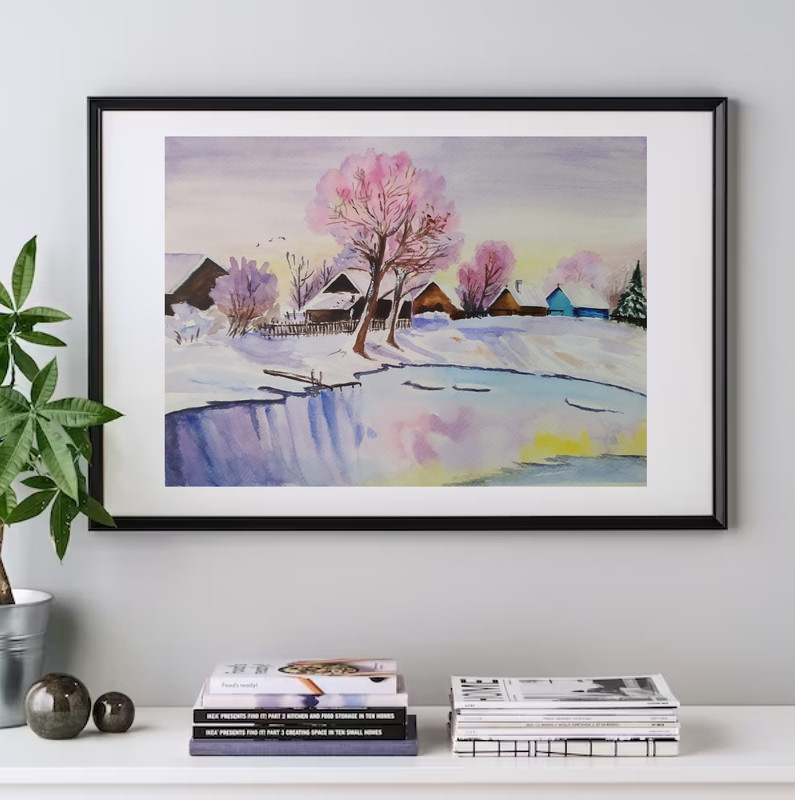 Original watercolor painting Winter Landscape Countryside 24x32 cm gallery