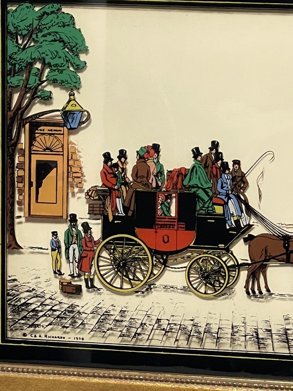Antique Reverse Hand Painted Glass Art Horse & Carriage 1938 Vitalie Z Terletzky gallery