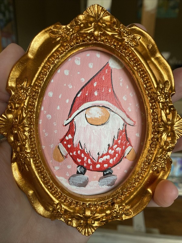 Gnome,Christmas Tree,Original Painting On Paper,4/5,framed,miniature,small,mini