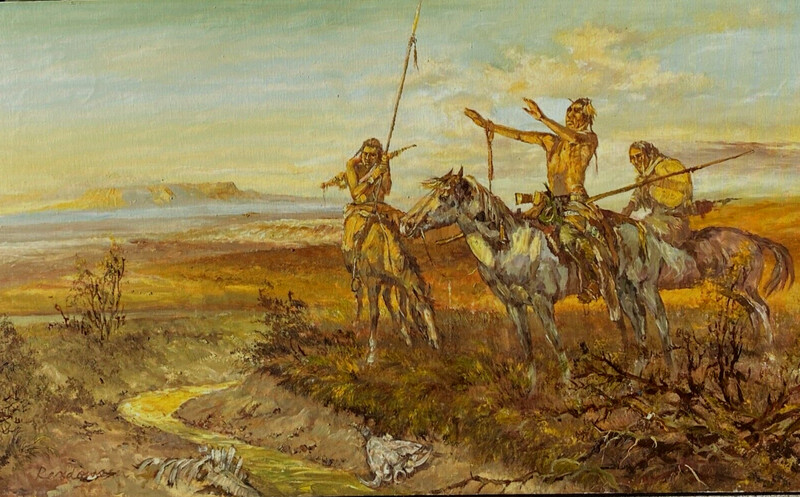 Oil Painting Western Artist Rex Dawson Native American Warriors Preying Sunrise