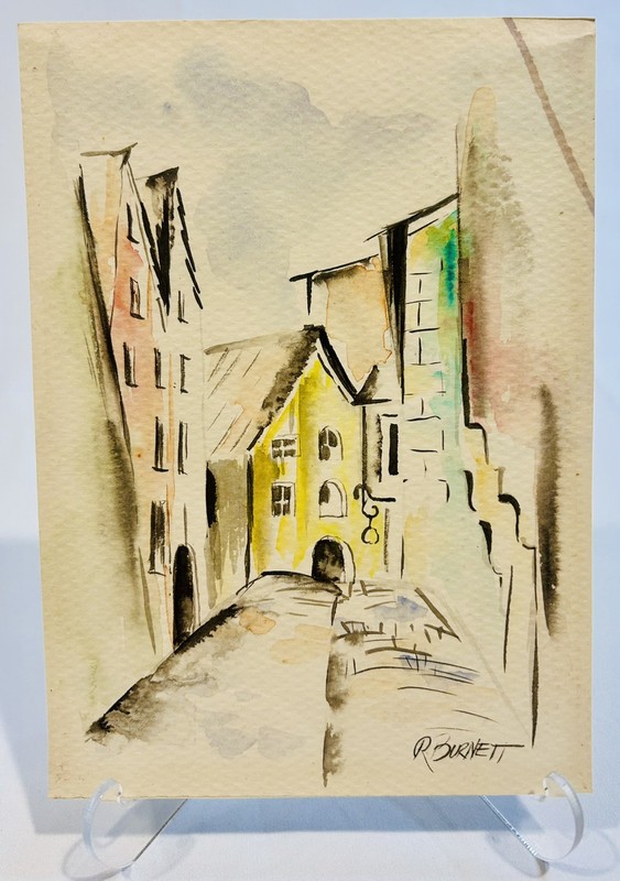 R. Burnett Original Signed Modern Abstract Parisian Scene Watercolor Painting