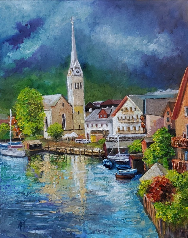 YARY DLUHOS Hallstatt Austria Old Historic Village Original Art Oil Painting