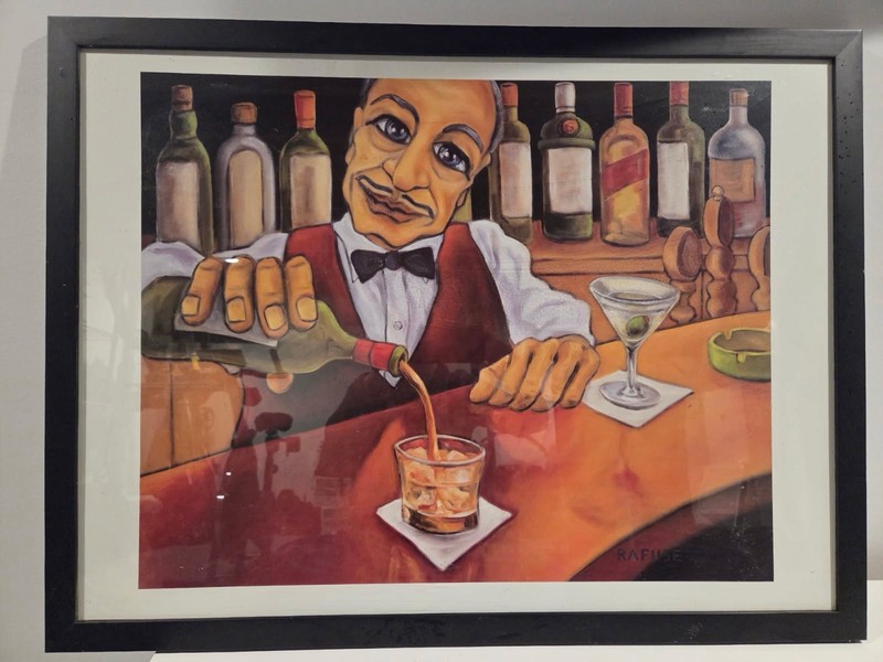 Rafuse Framed Contemporary Bar Scene Painting Bartender Pouring Wine Cocktail