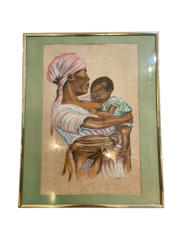 African Mom Breastfeeding Baby Original Colored Pencil On Paper Painting Signed