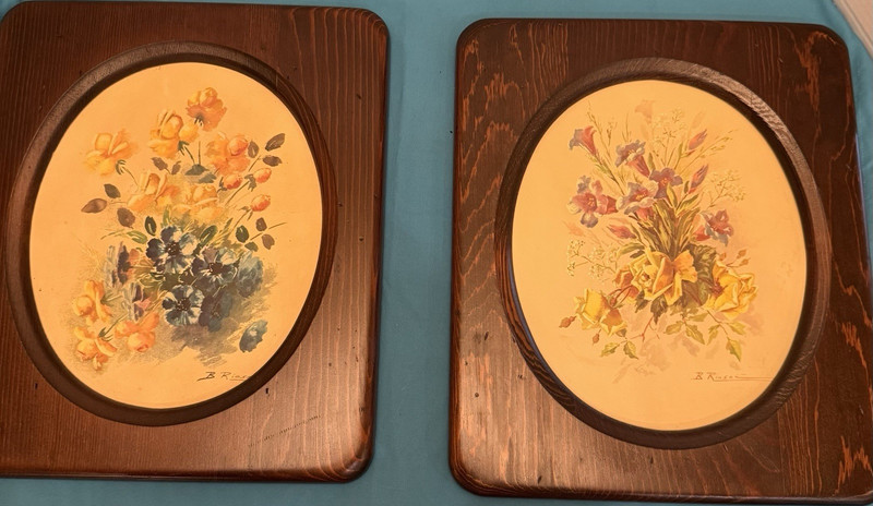 Vintage B. Riasni Floral Lithograph Print Oval Wood Frame Mid-Century 1960s No G