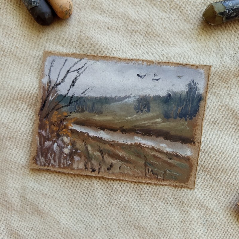 ACEO Original Autumn River Countryside Landscape Moody Oil Pastel Fall Miniature gallery