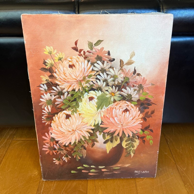 Pink Floral original art Flowers In A Vase Signed Oil Painting 12×16”
