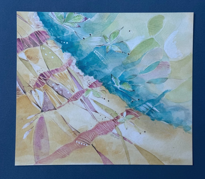 SURREAL ORIGINAL ABSTRACT PAINTING FLORAL GREEN BUTTERFLY WINGS LAVENDER GARDEN