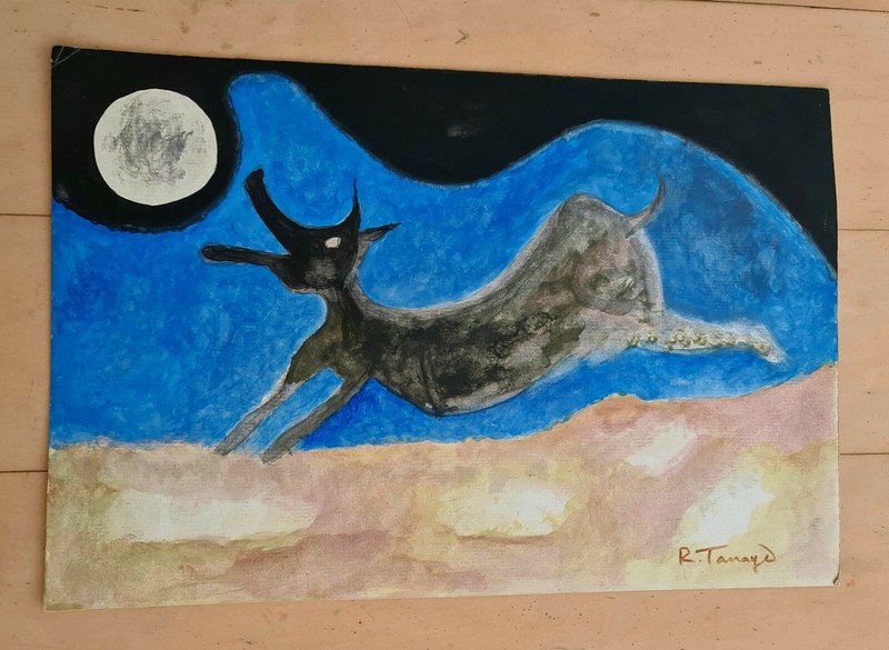 RUFINO TAMAYO -PERRITO LADRANDOLE A LA LUNA- 16.5” x 11” OIL PAINTING