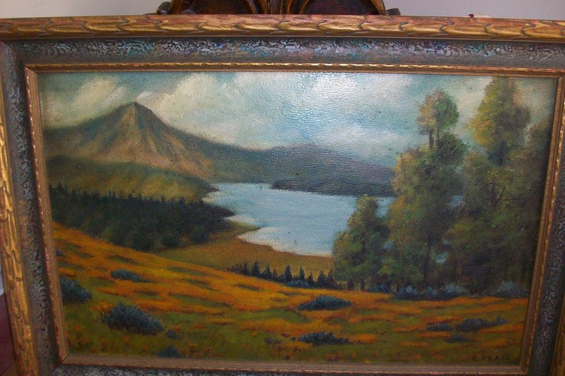 Old OOAK Original OIL ART PAINTING~E.Platt~RARE Ornate Deco FRAME Cadillac Maine gallery